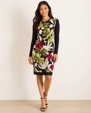 Tommy Bahama Floral Tropical Sweater Dress WOMEN XXS Black Long Sleeve Bodycon